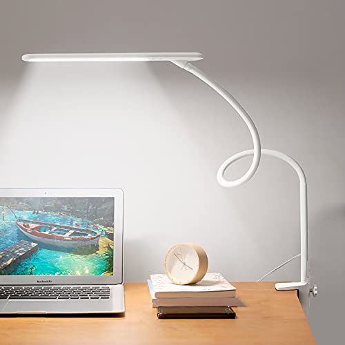 BOLOWEI LED Desk Lamp with Clamp Small White Desk Lamp for College Dorm Room, 6-Level Dimmable 5 Color Modes Swing Arm Daylight Table Lamp Touch Control Home Office Study/Reading/Drawing 10W