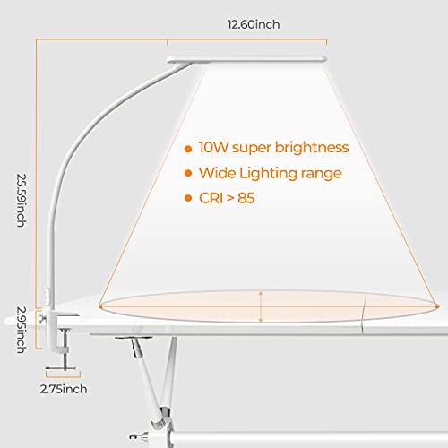 BOLOWEI LED Desk Lamp with Clamp Small White Desk Lamp for College Dorm Room, 6-Level Dimmable 5 Color Modes Swing Arm Daylight Table Lamp Touch Control Home Office Study/Reading/Drawing 10W