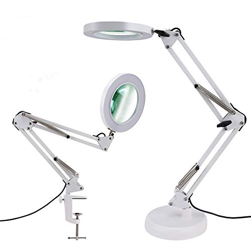 Magnifying Glass with Light and Stand,Adjustable Swing Arm LED Magnifying Light 5-Diopter Glass Lens,3 Color Modes Stepless Dimming-5X, for Close Work, Repair, Crafts, Reading,Sewing-White