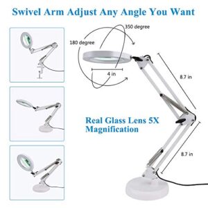 Magnifying Glass with Light and Stand,Adjustable Swing Arm LED Magnifying Light 5-Diopter Glass Lens,3 Color Modes Stepless Dimming-5X, for Close Work, Repair, Crafts, Reading,Sewing-White