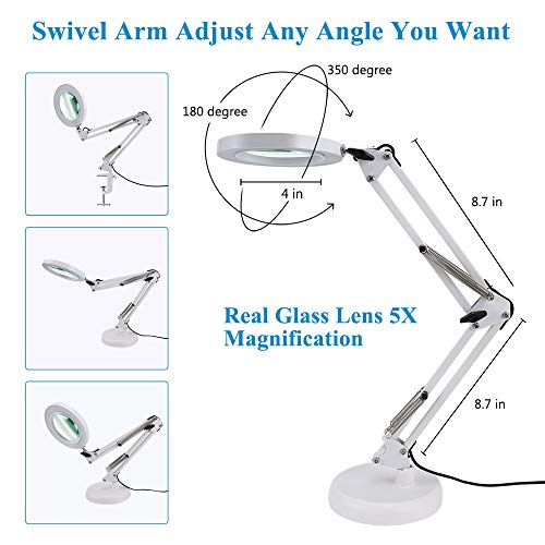 Magnifying Glass with Light and Stand,Adjustable Swing Arm LED Magnifying Light 5-Diopter Glass Lens,3 Color Modes Stepless Dimming-5X, for Close Work, Repair, Crafts, Reading,Sewing-White