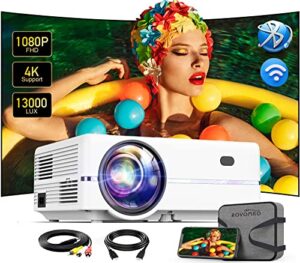 projector, rovomko projector with wifi and bluetooth 4k support, 13000 lumens,2.4g&5g two-channel wifi, max display 350″, home projector compatible w/ios/android/win/ps5,carry bag included