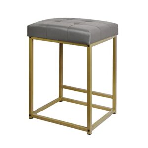 gia 24-inch counter height square metal stool with footrest and tufted gray vegan leather upholstery, gold frame, qty of 1