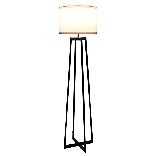 Modern Floor Lamp for Living Room - 62" Black Molded Metal Floor Lamp Tall Standing Lamp for Bedroom, Office, Bright Lamp with White Fabric Drum Shade and 9W LED Bulb