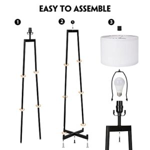 Modern Floor Lamp for Living Room - 62" Black Molded Metal Floor Lamp Tall Standing Lamp for Bedroom, Office, Bright Lamp with White Fabric Drum Shade and 9W LED Bulb