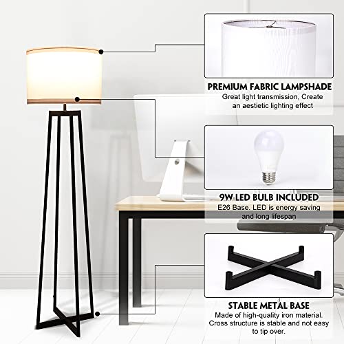 Modern Floor Lamp for Living Room - 62" Black Molded Metal Floor Lamp Tall Standing Lamp for Bedroom, Office, Bright Lamp with White Fabric Drum Shade and 9W LED Bulb