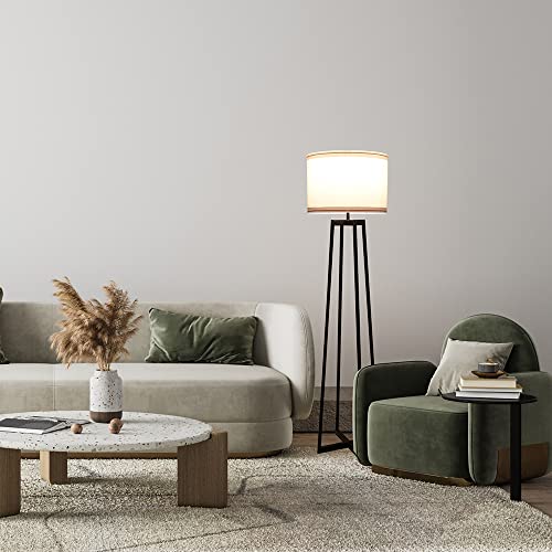 Modern Floor Lamp for Living Room - 62" Black Molded Metal Floor Lamp Tall Standing Lamp for Bedroom, Office, Bright Lamp with White Fabric Drum Shade and 9W LED Bulb