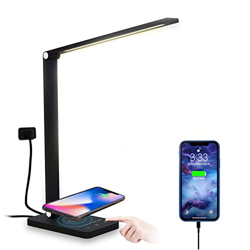 Desk Lamp LED Dimmable, Desk Lamp with Wireless Charger, USB Charging Port, Touch Control LED Desk Lamp with 6 Brightness Levels and 5 Lighting Modes