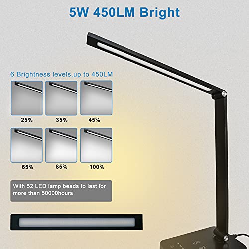 Desk Lamp LED Dimmable, Desk Lamp with Wireless Charger, USB Charging Port, Touch Control LED Desk Lamp with 6 Brightness Levels and 5 Lighting Modes