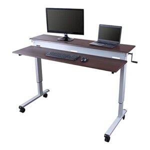 s stand up desk store crank adjustable 2-tier standing desk with heavy duty steel frame-silver frame/dark walnut top, 60 inch wide
