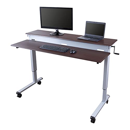 S STAND UP DESK STORE Crank Adjustable 2-Tier Standing Desk with Heavy Duty Steel Frame-Silver Frame/Dark Walnut Top, 60 inch Wide