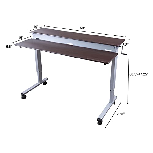 S STAND UP DESK STORE Crank Adjustable 2-Tier Standing Desk with Heavy Duty Steel Frame-Silver Frame/Dark Walnut Top, 60 inch Wide