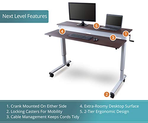 S STAND UP DESK STORE Crank Adjustable 2-Tier Standing Desk with Heavy Duty Steel Frame-Silver Frame/Dark Walnut Top, 60 inch Wide