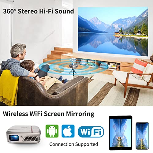 Mini Portable Projector 5200mAh Battery, Pocket Outdoor 3D Movie WiFi Projector Wireless HD Cinema Airplay Mirroring for Smart iOS Android Phone/Laptop, Small DLP Projector for DVD TV Stick HDMI USB