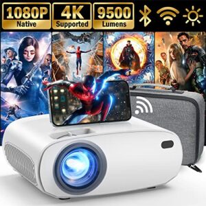 [upgraded] wifi bluetooth projector 4k support, 9500l native 1080p outdoor movie projector for iphone andriod, 300″ display video projector compatible tv stick, phone, computer
