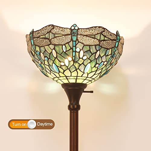 MOOVIEW Tiffany Floor Lamp Torchiere LED Uplight Stained Glass Dragonfly Retro Floor Lamps for Living Room Retro Corner Bright Torch Lamp Included 1PCS LED Bulb(2700K, E26), Sea Blue