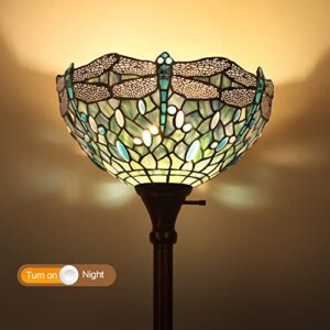 MOOVIEW Tiffany Floor Lamp Torchiere LED Uplight Stained Glass Dragonfly Retro Floor Lamps for Living Room Retro Corner Bright Torch Lamp Included 1PCS LED Bulb(2700K, E26), Sea Blue