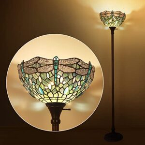 MOOVIEW Tiffany Floor Lamp Torchiere LED Uplight Stained Glass Dragonfly Retro Floor Lamps for Living Room Retro Corner Bright Torch Lamp Included 1PCS LED Bulb(2700K, E26), Sea Blue