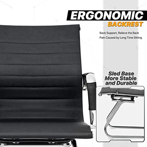 MoNiBloom Office Guest Chair Without Wheels PU Leather Mid-Back Sled Base Chairs for Reception Desk Waiting Meeting Conference Room, 2 Piece, Black