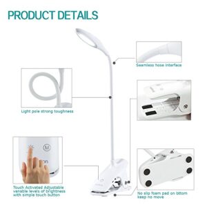 Brivation LED Desk Lamp with USB Charging Port, Clip Lamp for Desk, Portable Eye-Care Desk Light, Flexible Gooseneck USB Rechargeable, 3 Dimming Levels, Touch Control