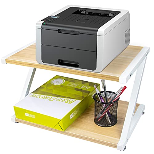 DUNCHATY Wood Printer Stand with Storage Under Desk Shelf Printer Table Stand for Office Storage Organizer, Desktop Stand with Adjustable Anti-Skid Pad, 2 Tier Printer Organizer Stand for Home Office