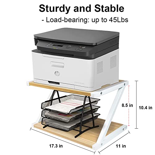 DUNCHATY Wood Printer Stand with Storage Under Desk Shelf Printer Table Stand for Office Storage Organizer, Desktop Stand with Adjustable Anti-Skid Pad, 2 Tier Printer Organizer Stand for Home Office