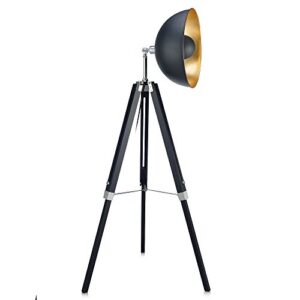 teamson home vn-l00019a fascino industrial modern led studio tripod floor lamp tall standing light with dish shade for living room reading bedroom home office, 63 inch height, black/gold