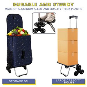 Honshine Shopping Cart with 6 Rubber Wheels, Stair Climbing Grocery Cart with Large Waterproof Removable Bag & Adjustable Handle, Foldable Trolley Cart for Grocery Laundry Camping Beach (Star)