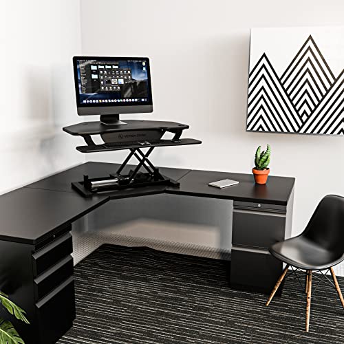 VERSADESK 36" Corner Standing Desk Converter, PowerPro Electric Height Adjustable Desk Riser for Standing or Sitting, Keyboard Tray, USB Charging Port, Holds 80 lbs, Black