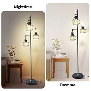 DLLT Industrial Floor Lamp, 3-Light Farmhouse Tree Standing Lamps with Metal Rattan Cage Shape, Tall Pole Reading Lighting for Corner Living Room Bedroom Office, 3000K 8W E26 Bulbs Included, UL Listed