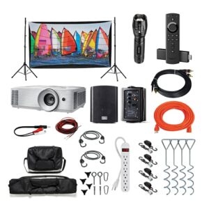 backyard theater kit | recreation series system | 9′ front and rear projection screen with 1080p hd savi 4000 lumen projector, sound system, streaming device w/wifi (ez-950)