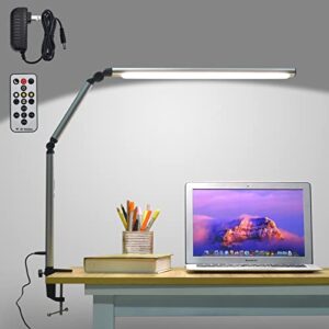 coyfa led desk lamp with clamp and rf remote, metal swing arm desk lamps for home office, 3 color modes 6 brightness timing dimmable eye caring memory function desk light