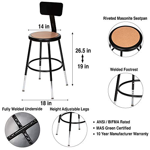 OEF Furnishings (2 Pack) Height Adjustable Black Shop Stool with Backrest, 18” -27"