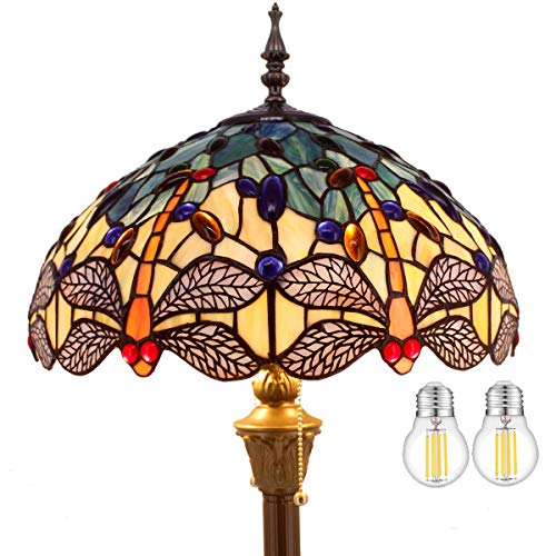 WERFACTORY Tiffany Floor Lamp Blue Yellow Stained Glass Dragonfly Standing Reading Light 16X16X64 Inches Antique Pole Corner Lamp Decor Bedroom Living Room Home Office S128 Series