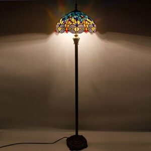 WERFACTORY Tiffany Floor Lamp Blue Yellow Stained Glass Dragonfly Standing Reading Light 16X16X64 Inches Antique Pole Corner Lamp Decor Bedroom Living Room Home Office S128 Series