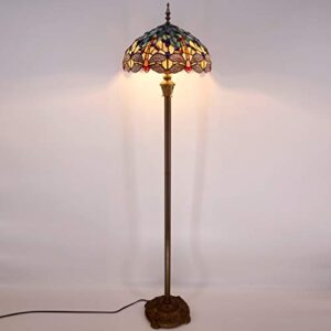 WERFACTORY Tiffany Floor Lamp Blue Yellow Stained Glass Dragonfly Standing Reading Light 16X16X64 Inches Antique Pole Corner Lamp Decor Bedroom Living Room Home Office S128 Series