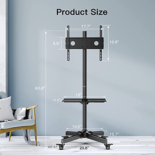 Perlegear Mobile TV Cart for 23-60 inch TVs Rolling TV Stand for LCD/LED/OLED Flat Curved Screen TV Cart with Adjustable Shelf Portable Monitor Stand Max VESA 400X400mm Holds 55lbs - PGTVMC04