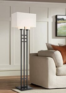 franklin iron works winslow modern industrial floor lamp 64″ tall matte black metal 3-light rectangular linen white frosted glass shades for living room reading bedroom office family house home