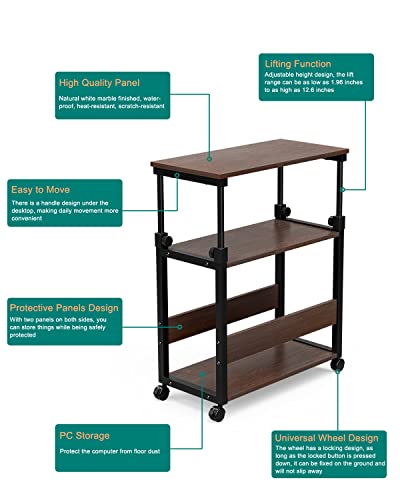 Computer Tower Stand with Wheels, Height Adjustable PC Tower Stand Under Desk, 3 Shelves Rolling Printer Cart for Home Office, Walnut