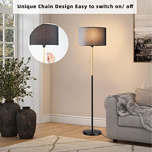 Modern Floor Lamp for Living Room Traditional Farmhouse Floor Lamps Mid-Century Pole Lamp with Linen Lamp Shade, Standing Tall Floor Lamps for Bedrooms and Office (Black)