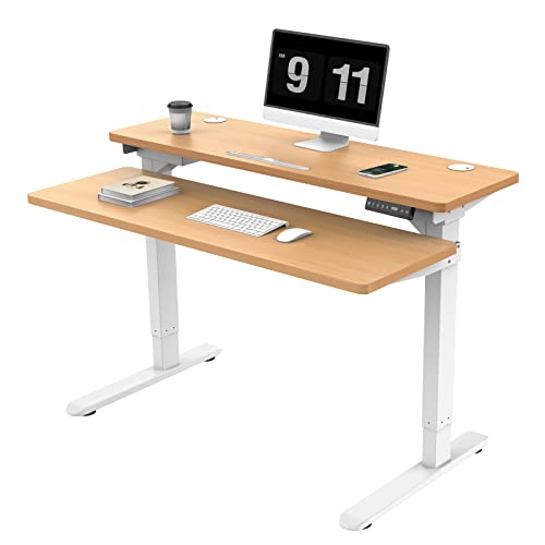 AIMEZO Split Top Electric Standing Desk Dual Motor Height Adjustable Desk Mobile Stand Up Workstation with Table Top (Birch Top+White Frame)