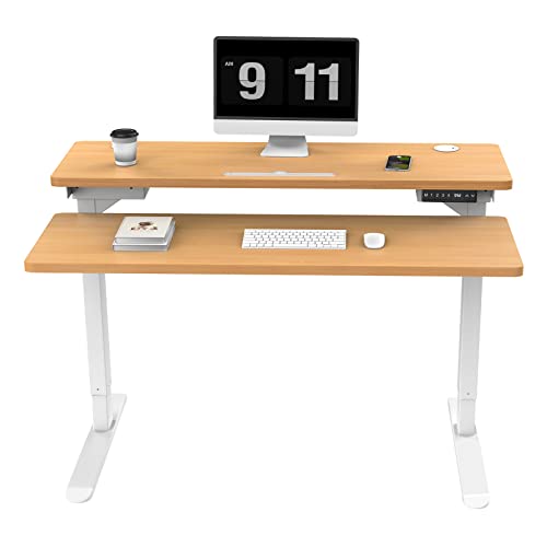 AIMEZO Split Top Electric Standing Desk Dual Motor Height Adjustable Desk Mobile Stand Up Workstation with Table Top (Birch Top+White Frame)