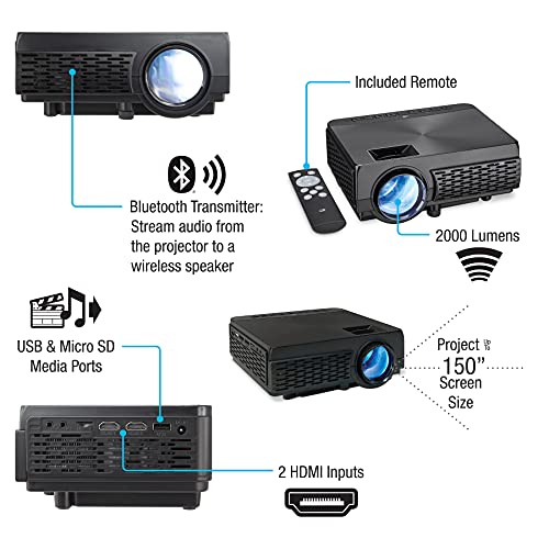 GPX Mini Projector with Bluetooth, USB and Micro SD Media Ports, Includes Remote (PJ300B)