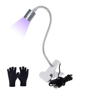 395nm 3w uv led light with uv protection gloves, flexible gooseneck lamp, 5v usb input uv led lamp nail lamp for gel nails and ultraviolet curing(silver)…