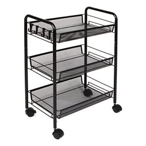 ruishetop rolling push cart stand shelves, storage rack with wheels with mesh wire basket, multifunction metal trolley organizer for home, office, bedroom, bathroom, kitchen (3-tier black)