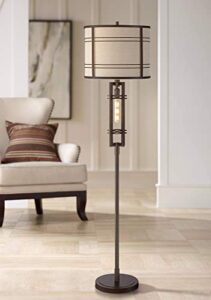franklin iron works elias industrial rustic farmhouse floor lamp standing 651/2″ tall oil rubbed bronze with led nightlight off white oatmeal fabric drum shade for living room reading bedroom