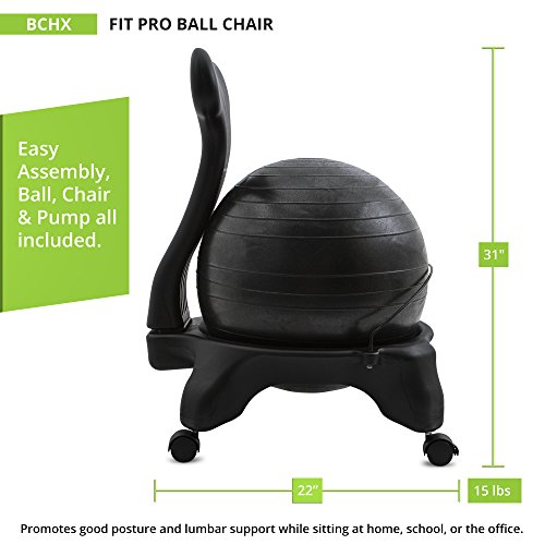 Champion Sports Exercise Ball Chair: FitPro Balance Ball Chair with Wheels and Back Support for Home or Office Use - Includes Hand Pump - Black