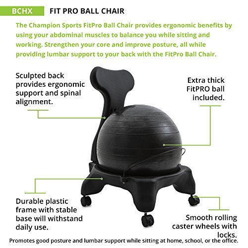 Champion Sports Exercise Ball Chair: FitPro Balance Ball Chair with Wheels and Back Support for Home or Office Use - Includes Hand Pump - Black
