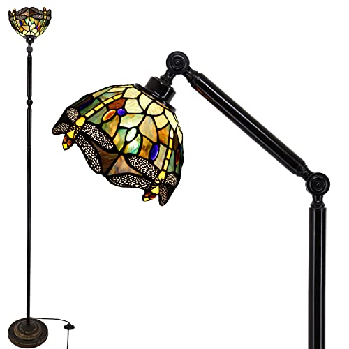 ZJART Torchiere Tiffany Floor Standing Thin Pole Lamp Stained Glass Dragonfly Arched Lamp Swing Arm Angle Adjustable Gooseneck Reading Light Conner Tall Uplight 8*8*72 Inch Decor Living Room Bedroom