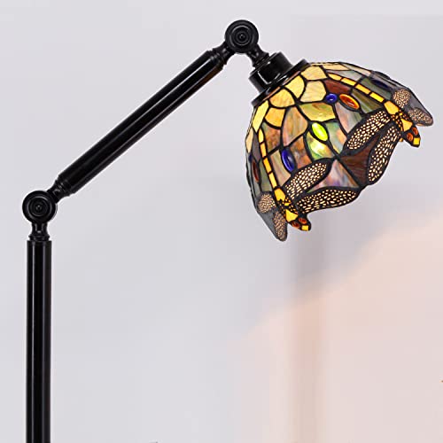 ZJART Torchiere Tiffany Floor Standing Thin Pole Lamp Stained Glass Dragonfly Arched Lamp Swing Arm Angle Adjustable Gooseneck Reading Light Conner Tall Uplight 8*8*72 Inch Decor Living Room Bedroom